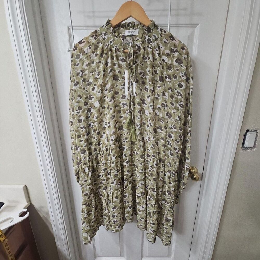 REVEROF Olive Green Floral Chiffon Tiered Dress with Tassels Size L